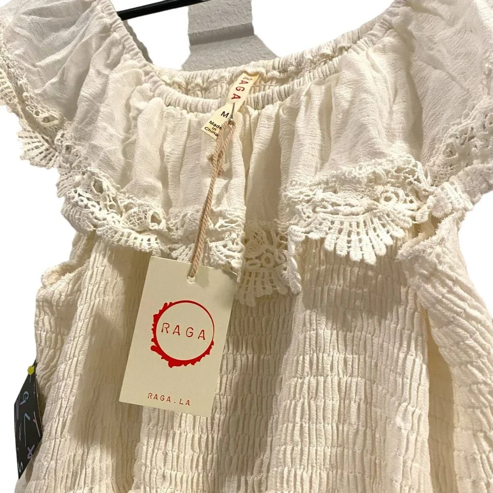 Nasty Gal Raga White Crochet Lace Cotton Off The Shoulder Dress with Embroided L - Picture 4 of 5